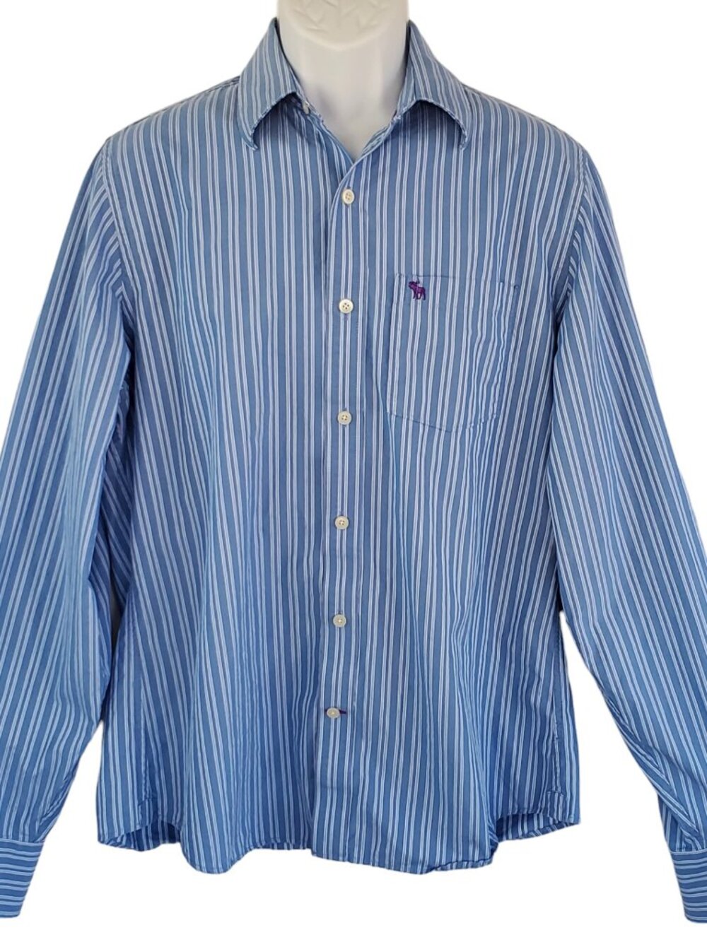 Abercrombie & Fitch Shirt Men's XL Blue & White Stripe Long Sleeve Moose Logo